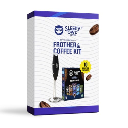 Sleepy Owl Frother & Coffee Kit | Elegant Black Frother with Stainless Steel Whisk | Assorted Instant Coffee Sachets | 5 Flavours | Ideal for Diwali & Festive Gifting - Image 1