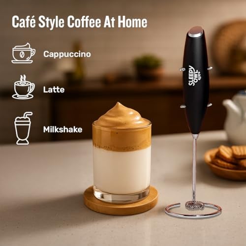 Sleepy Owl Frother & Coffee Kit | Elegant Black Frother with Stainless Steel Whisk | Assorted Instant Coffee Sachets | 5 Flavours | Ideal for Diwali & Festive Gifting - Image 5