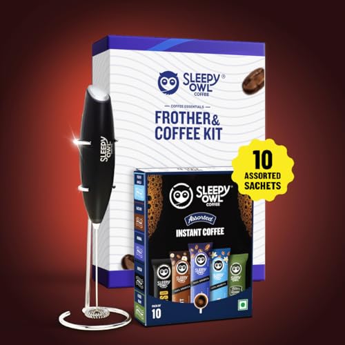 Sleepy Owl Frother & Coffee Kit | Elegant Black Frother with Stainless Steel Whisk | Assorted Instant Coffee Sachets | 5 Flavours | Ideal for Diwali & Festive Gifting - Image 2