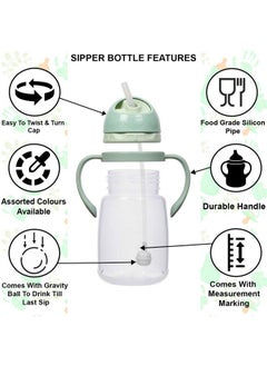 Nabhya Baby Joy Spillproof Kids Transparent With Gravity Ball Straw Sipper Cup Water Bottle With Handles250 Ml (Green)  - Image 3