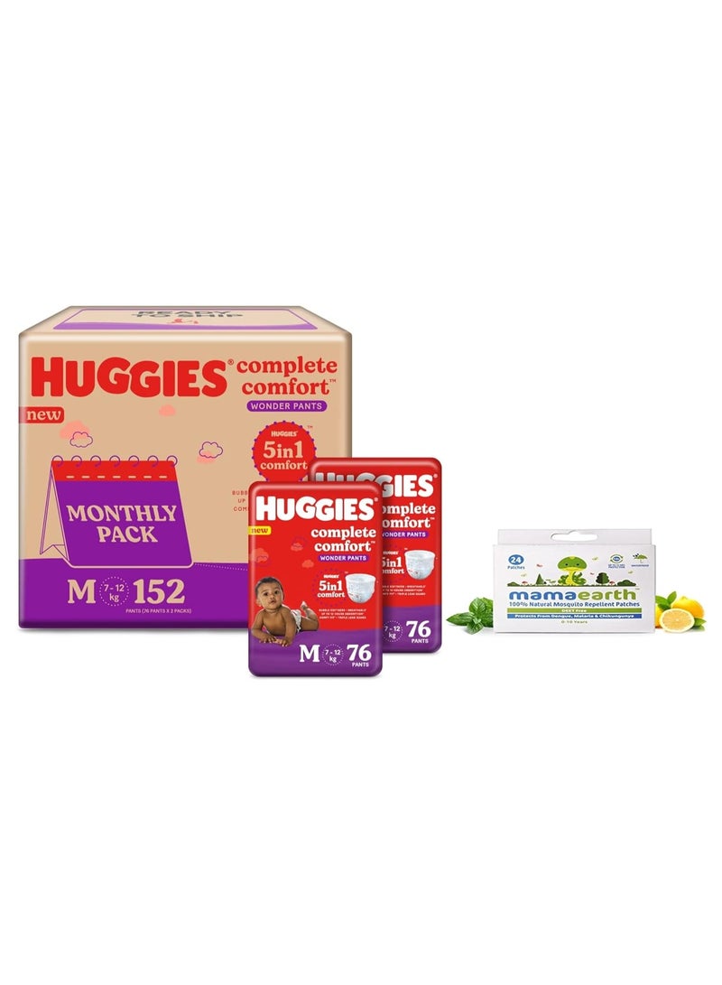 Huggies Wonder Pants Medium Size Diapers Monthly Pack (152 Count) & Mamaearth Natural Repellent Mosquito Patches For Babies with 12 Hour Protection,White,Pack of 1 - Image 1