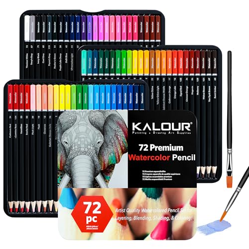 KALOUR Professional Watercolor Pencils with 2 Brush - 72 Colors - Beautiful Blending Effects with Wet or Dry - Ideal for Coloring Book - Water Soluble Pencils for Kids Adults Beginners - Image 1