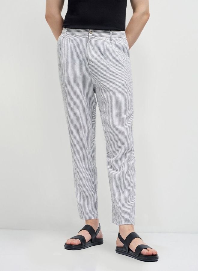 THE BEAR HOUSE Men's White Striped Slim Fit Casual Trousers with Elasticated Waistband Versatile Office and Travel Pants Comfortable Fit for Everyday Use Easy to Style Bottomwear for Work Weekend and Outings - Image 1