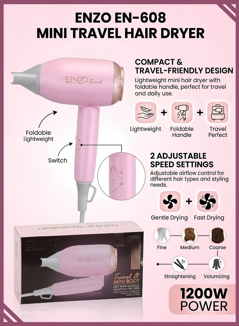 ENZO EN-608 Mini Travel Hair Dryer 1200W – Foldable Compact Hair Dryer with Ceramic Technology, Dual Speed & Portable Design for Home and Travel - Image 2
