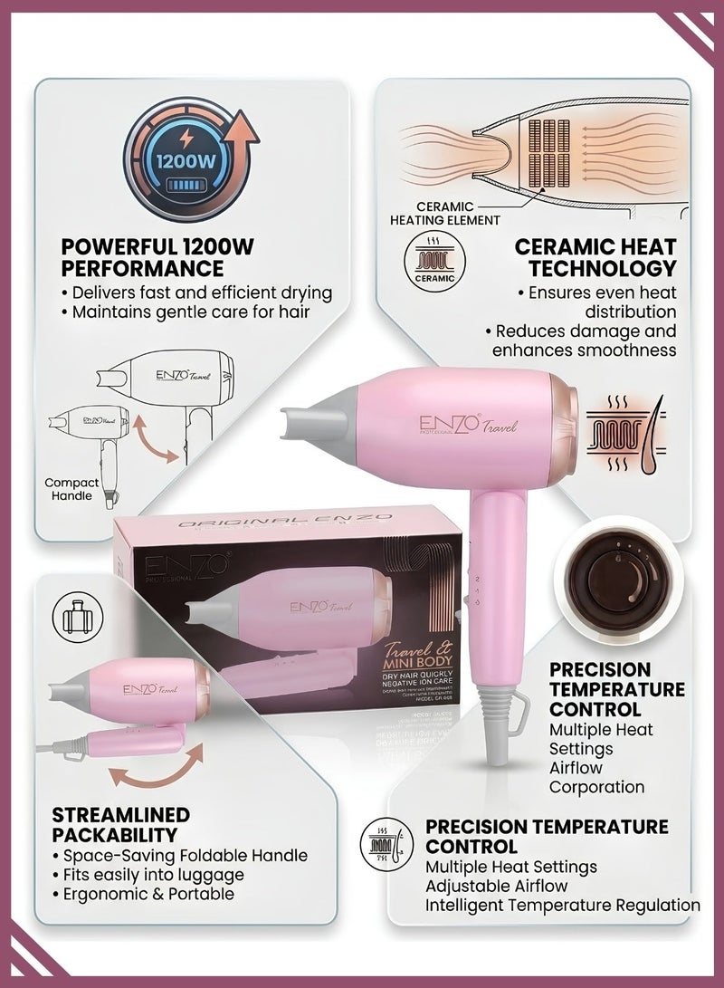 ENZO EN-608 Mini Travel Hair Dryer 1200W – Foldable Compact Hair Dryer with Ceramic Technology, Dual Speed & Portable Design for Home and Travel - Image 4