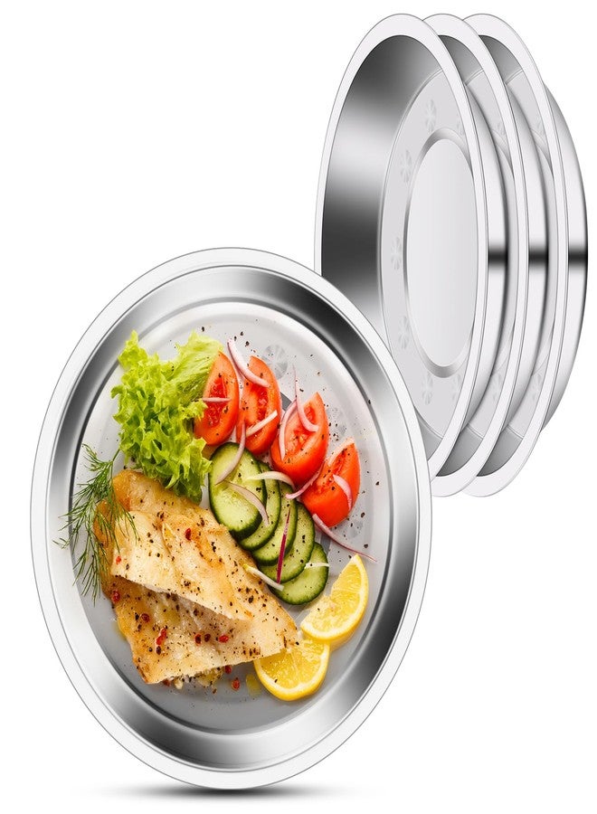 Offiper Patterned Deep Metal Camping Plates, 4 Pack 9.4 inch 201 Stainless Steel Plates, Reusable Pizza Food Serving Snack Eating Salad Dishes Round Shatterproof Silver Dinnerware Dinner Oven Safe - Image 1