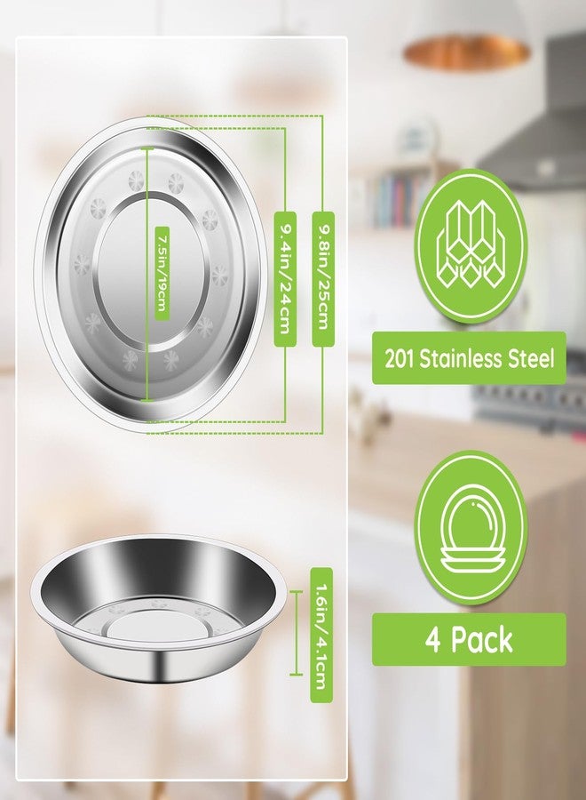 Offiper Patterned Deep Metal Camping Plates, 4 Pack 9.4 inch 201 Stainless Steel Plates, Reusable Pizza Food Serving Snack Eating Salad Dishes Round Shatterproof Silver Dinnerware Dinner Oven Safe - Image 3