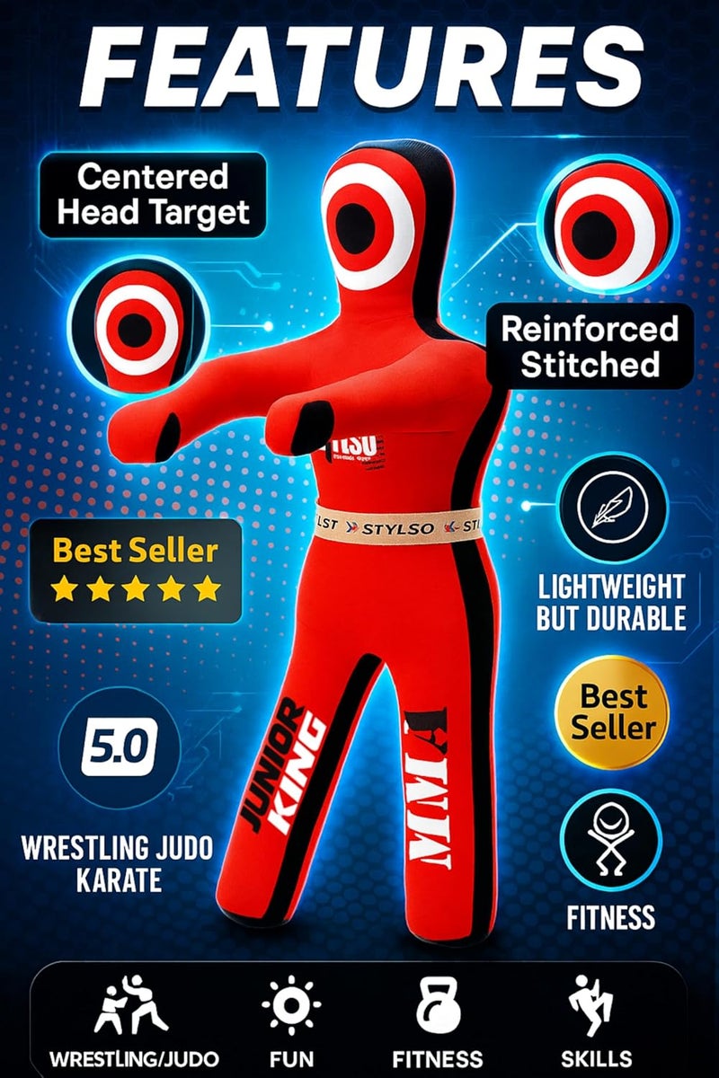 Stylso Unfilled Wrestling Dummy for Kids – Youth Grappling Dummy BJJ, MMA, Jiu Jitsu & Judo Training Partner – Durable Martial Arts Practice Buddy - Image 2