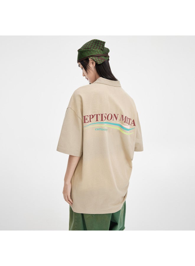 EPTISON تي شيرت بولو للجنسين بطباعة حروف، تصميم فضفاض غير رسمي بأكمام قصيرة - Image 3