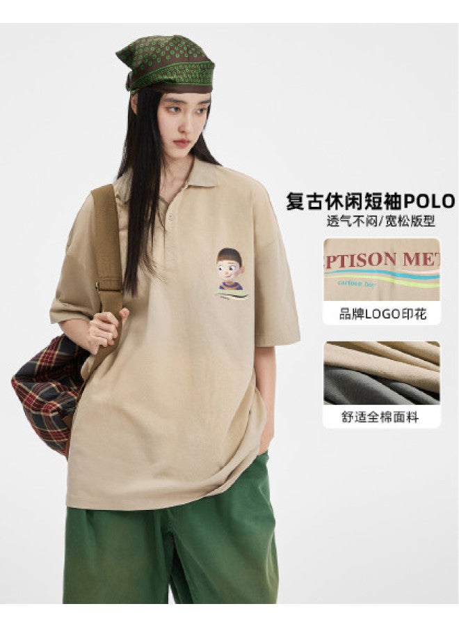 EPTISON تي شيرت بولو للجنسين بطباعة حروف، تصميم فضفاض غير رسمي بأكمام قصيرة - Image 1