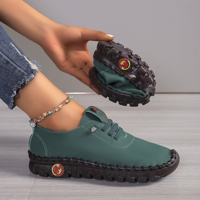 Real Soft Leather Shoes Plus Size Casual Lace-Up Vintage Car Stitch Thick Bottom Platform Shoes For Mother - Image 1