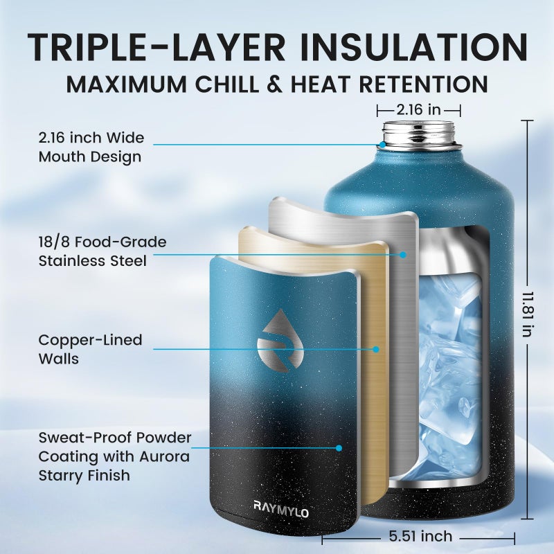 Raymylo 128Oz Insulated Water Bottle  Triple Wall Vacuum Stainless Steel Water Bottles - Keeps Cold 48H  Reusable One Gallon Jug For Gym  Sports  Camping  Hiking Travel  Starry Sky-Indigo/Black - Image 4