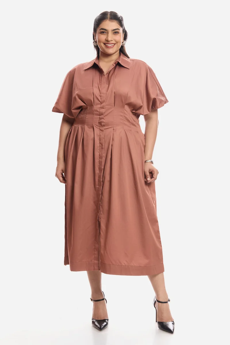 فيرجيو Solid Viscose Pleated Button Shirt Plus Size Dress for Women
