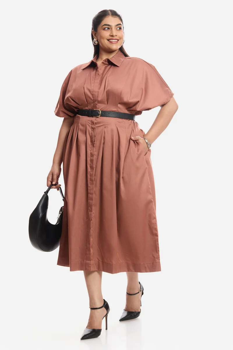 فيرجيو Solid Viscose Pleated Button Shirt Plus Size Dress for Women