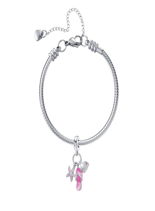 QeenseKc خرزة كريستالية على شكل شبشب وردي من QeenseKc، بتصميم نجمة بحر وصدفة، مناسبة لأساور باندورا - Image 3