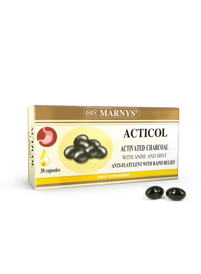 Marnys Acticol - Activated Charcoal with Mint & Anise - Natural Digestive Relief - Bloating & Gas Reduction - 30 Capsules - Image 1
