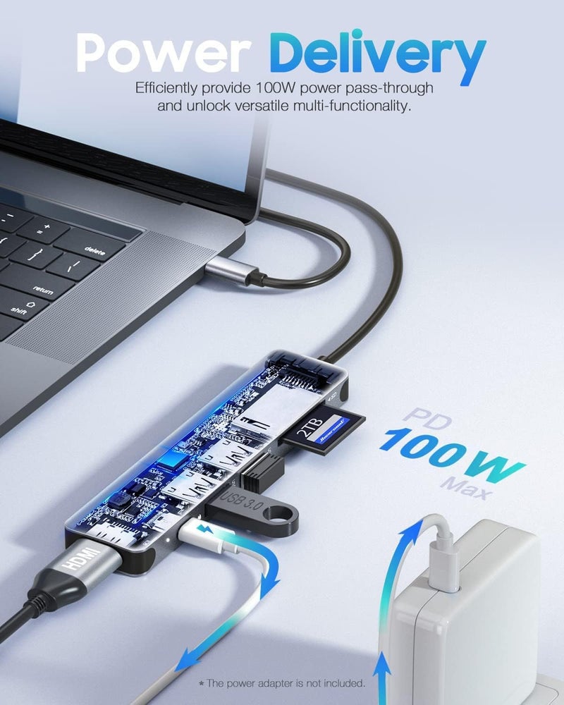 Hiearcool USB C Hub for MacBook – 7-in-1 USBC Adapter with 4K HDMI, 100W PD, USB 3.0 5Gbps Ports, SD/TF Card Reader – USB-C Dongle for Office, Meetings, Travel & Home Setup-Space Grey - Image 3