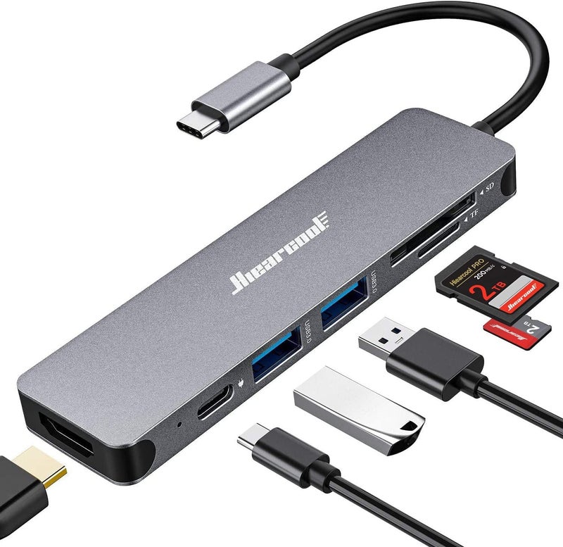 Hiearcool USB C Hub for MacBook – 7-in-1 USBC Adapter with 4K HDMI, 100W PD, USB 3.0 5Gbps Ports, SD/TF Card Reader – USB-C Dongle for Office, Meetings, Travel & Home Setup-Space Grey - Image 1
