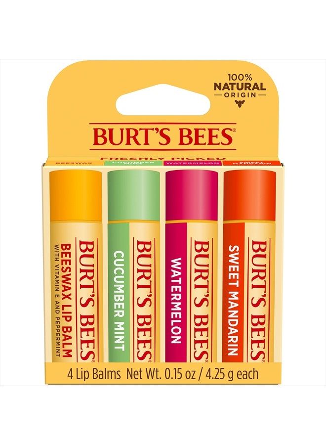 Burt's Bees بلسم الشفاه، مرطب للعناية بالشفاه، طبيعي 100%، طازج - شمع العسل الأصلي، خيار النعناع، البطيخ، واليوسفي الحلو (عبوة من 4 قطع) - Image 1