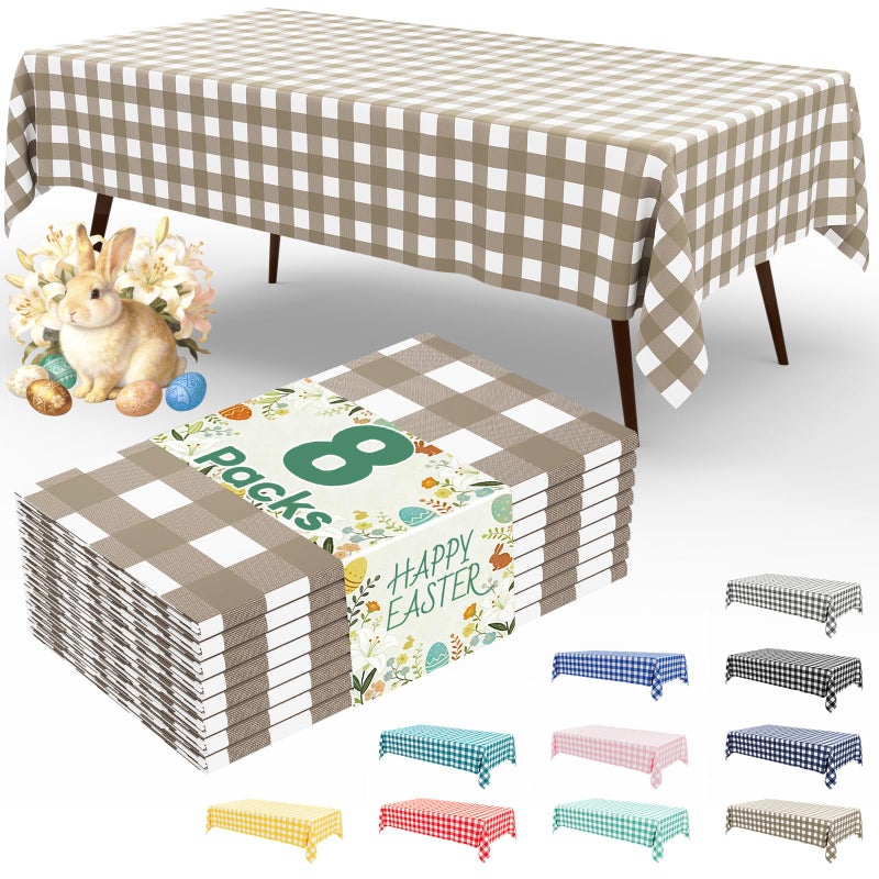 misaya 8 Packs Buffalo Disposable Table Cloth, 54 x 108 Inch Waterproof Plastic Tablecloth, Rectangle Khaki and White Checkered Table Covers for Picnic, Birthday, Party, Easter - Image 1