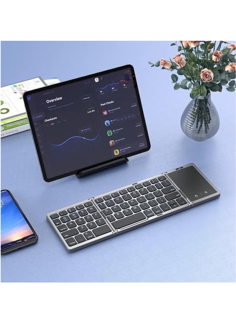 لوحة مفاتيح بلوتوث قابلة للطي، لوحة مفاتيح لاسلكية مزودة بلوحة لمس، قابلة للشحن عبر USB وبحجم الجيب، متوافقة مع الهواتف الذكية والأجهزة اللوحية وأجهزة الكمبيوتر المحمول التي تعمل بأنظمة iOS وWindows وAndroid. - Image 5