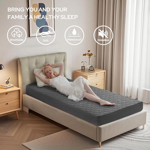 BEDLORE حامي مرتبة BEDLORE المقاوم للماء، وسادة مرتبة مزدوجة الحجم بدون ضوضاء مع جيب عميق يناسب حتى 6"-15"، غطاء مرتبة فردية ناعم وقابل للتنفس ومضاد للأوساخ لغرفة النوم (رمادي) - Image 3
