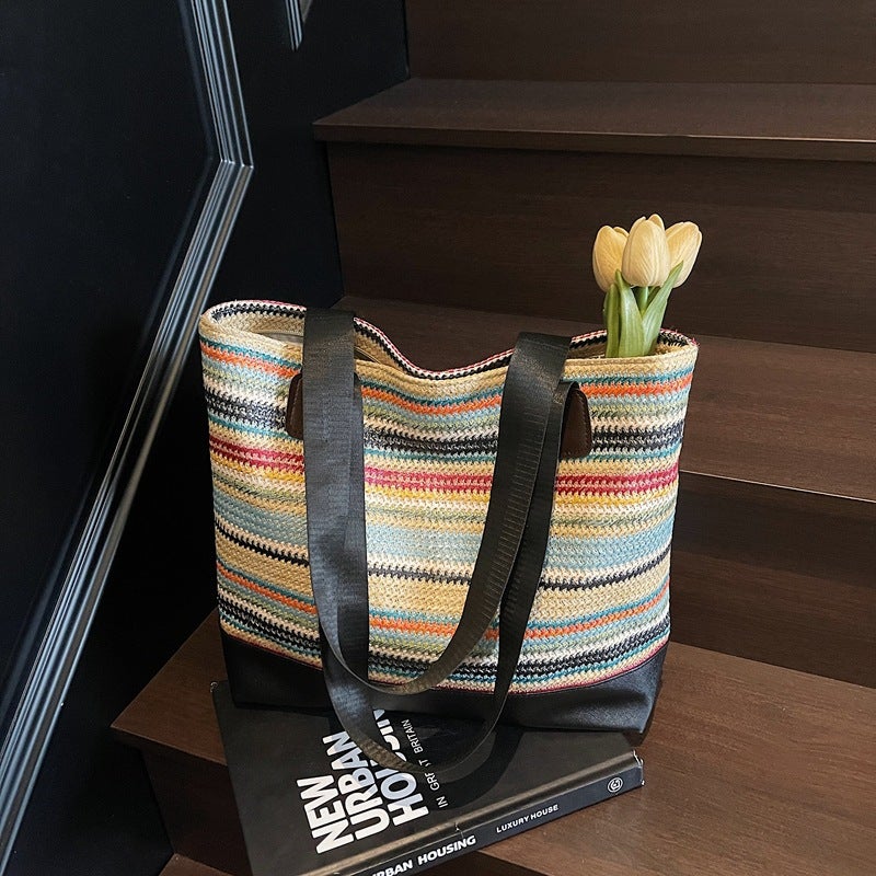Seaside Vacation Fashion Contrasting Color Beach Bag Women'S 2025 Large Capacity Tote Bag Simple Woven Bag - Image 3