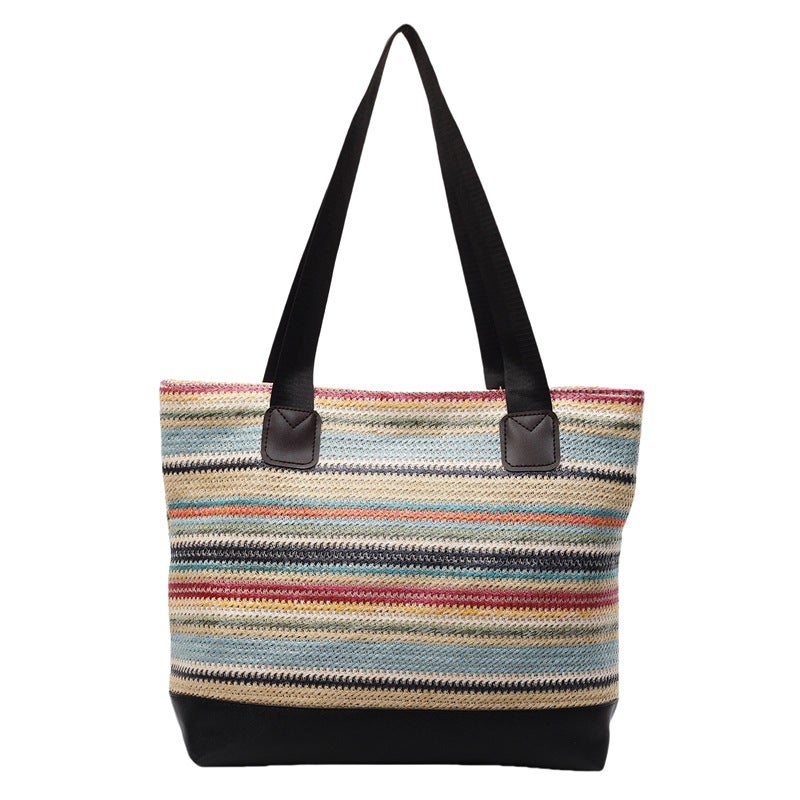 Seaside Vacation Fashion Contrasting Color Beach Bag Women'S 2025 Large Capacity Tote Bag Simple Woven Bag - Image 1