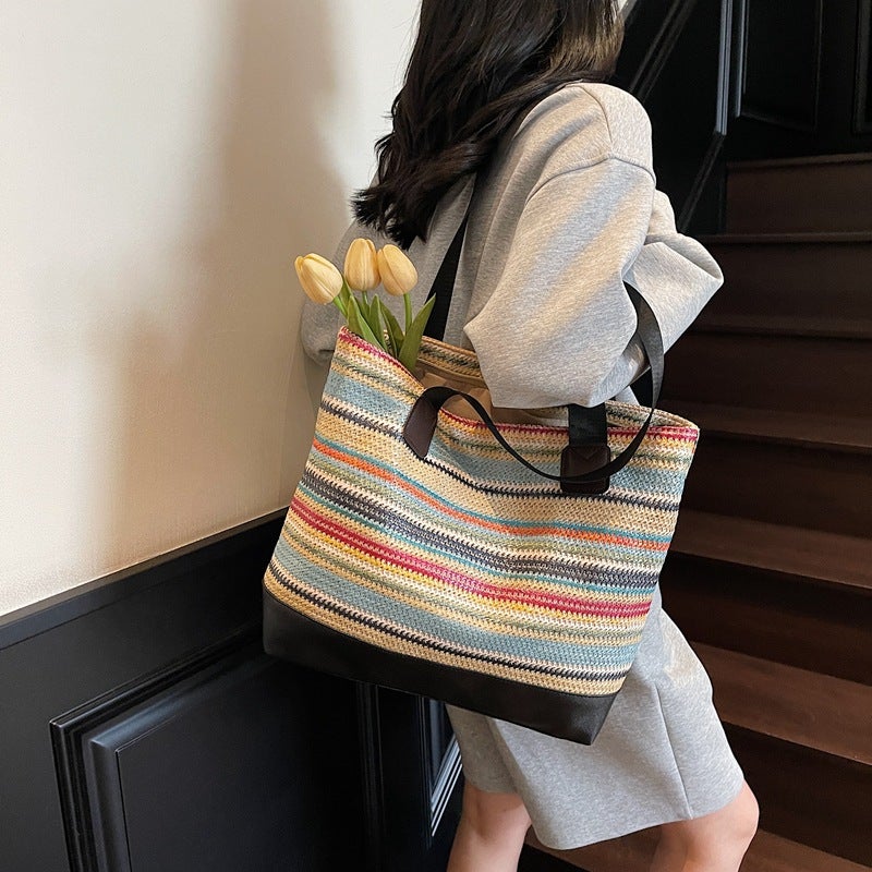 Seaside Vacation Fashion Contrasting Color Beach Bag Women'S 2025 Large Capacity Tote Bag Simple Woven Bag - Image 4