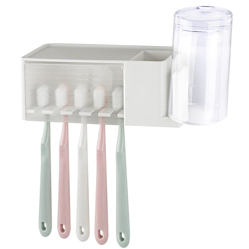 LUEXBOX 5 Slots Wall Mount Toothbrush Holder with Cover, Self Adhesive Toothbrush Storage Organizer for Shower, Toothpaste & Toothbrush Hanger for Bathroom, Medicine Cabinet, Dorm (White) - Image 1