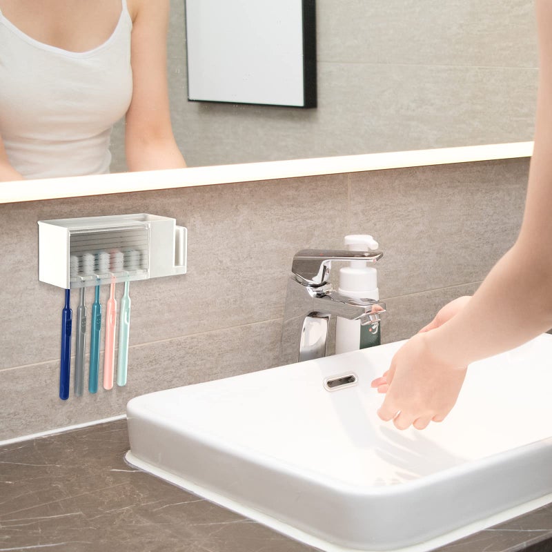 LUEXBOX 5 Slots Wall Mount Toothbrush Holder with Cover, Self Adhesive Toothbrush Storage Organizer for Shower, Toothpaste & Toothbrush Hanger for Bathroom, Medicine Cabinet, Dorm (White) - Image 3