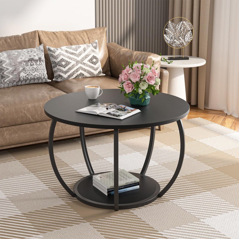 GreenForest Round Coffee Table with 2-Tier Open Storage, 27.6 inch Small Circle Coffee Tables with Adjustable Feet, Modern Mini Center Table for Small Living Room, Black - Image 1