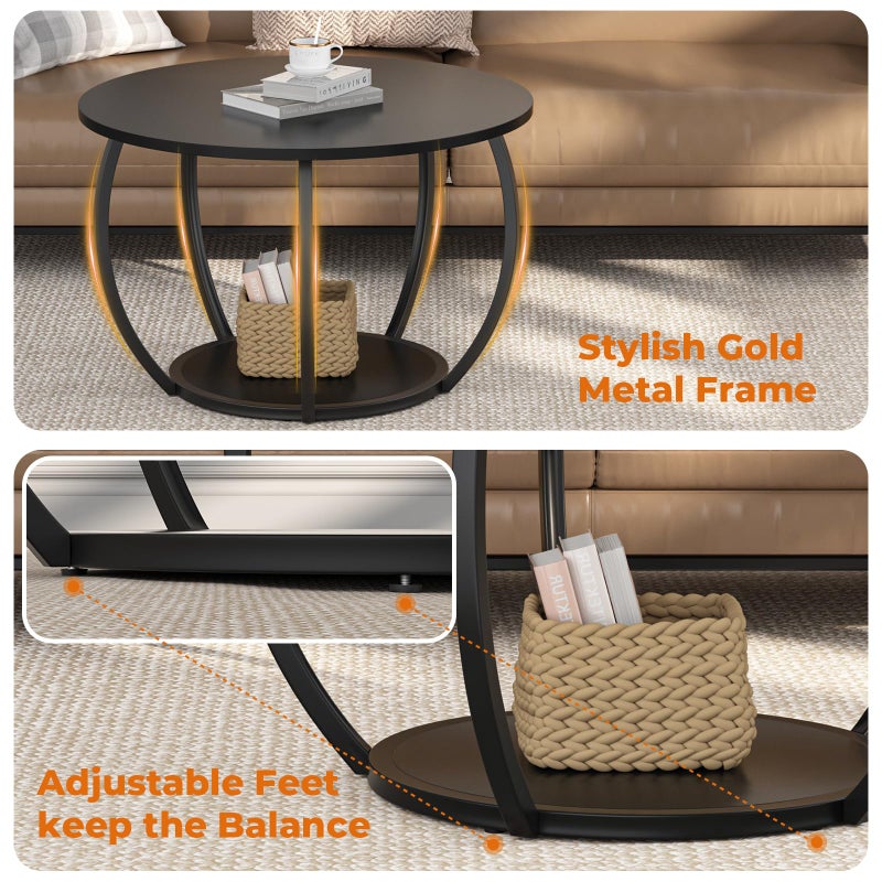 GreenForest Round Coffee Table with 2-Tier Open Storage, 27.6 inch Small Circle Coffee Tables with Adjustable Feet, Modern Mini Center Table for Small Living Room, Black - Image 4