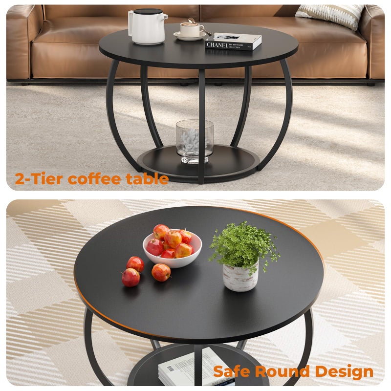 GreenForest Round Coffee Table with 2-Tier Open Storage, 27.6 inch Small Circle Coffee Tables with Adjustable Feet, Modern Mini Center Table for Small Living Room, Black - Image 5