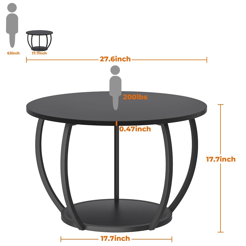 GreenForest Round Coffee Table with 2-Tier Open Storage, 27.6 inch Small Circle Coffee Tables with Adjustable Feet, Modern Mini Center Table for Small Living Room, Black - Image 2