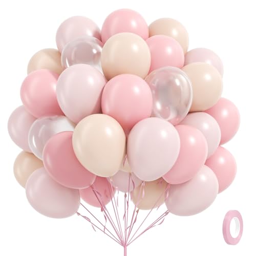 awenztech 60pcs Light Pink Balloons 12inch with Pastel Pink Nude Clear Balloons for Gender Reveal Baby Shower Birthday Party Decorations - Image 1