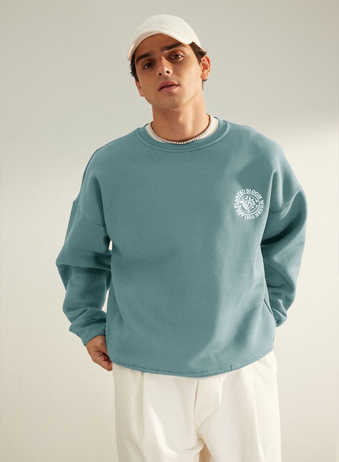 trendyol Mint Oversize/Wide Cut Floral Embroidered Fleece Lined Cotton Sweatshirt - Image 5