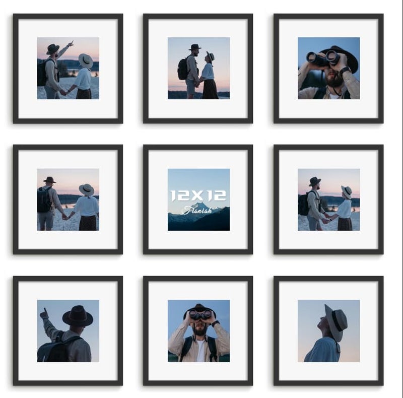 Fisnish 12x12 Picture Frame Sef of 10, Display Pictures 8x8 with Mat or 12 x 12 Without Mat, Photo Frame Collage for Wall Gallery Decor, Wall Mounted, Black - Image 1