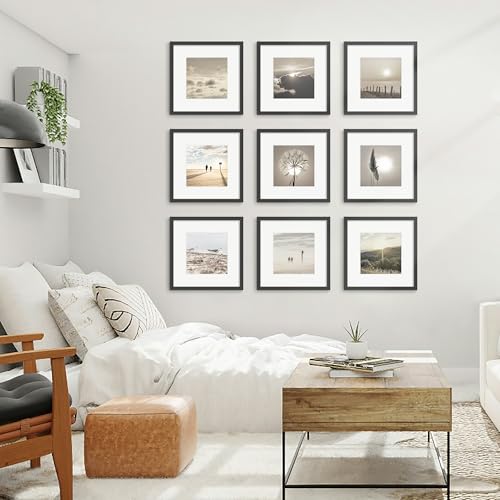 Fisnish 12x12 Picture Frame Sef of 10, Display Pictures 8x8 with Mat or 12 x 12 Without Mat, Photo Frame Collage for Wall Gallery Decor, Wall Mounted, Black - Image 2