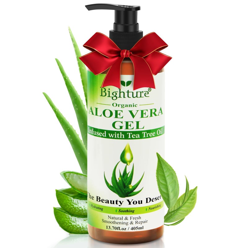 BIGHTURE Aloe Vera Gel with Tea Tree Oil for Face, Skin, Hair, Sunburn relief, Aloe Vera Gel from Freshly cut 100% Pure Aloe,13.7oz - Image 1
