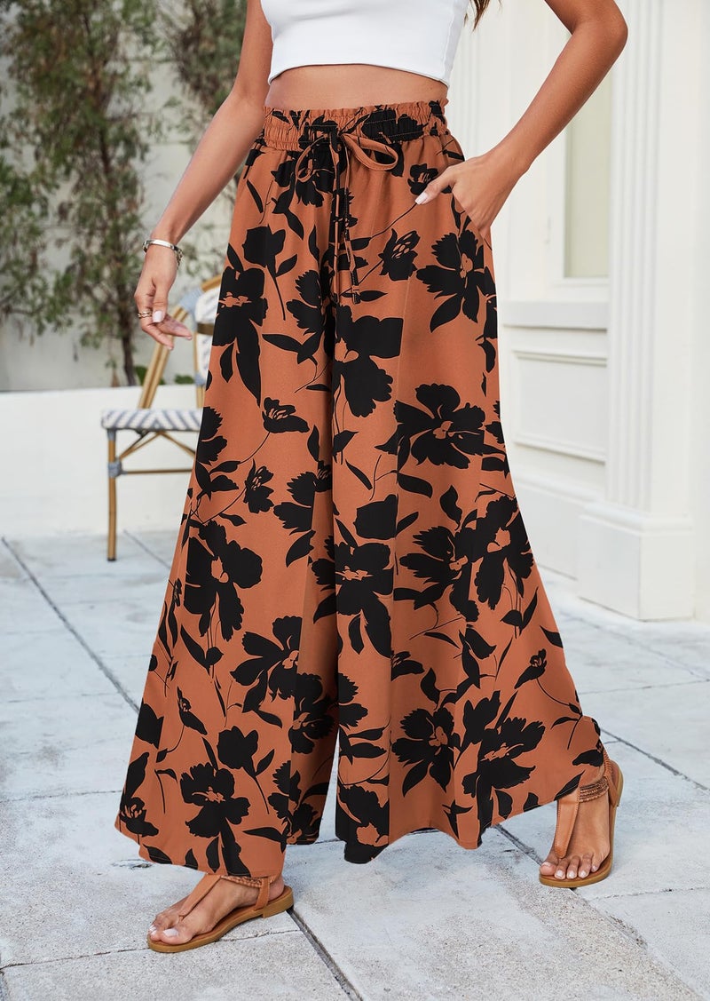 SimpleFun Womens Summer Pants Lightweight Casual Wide Legged Pants Flowy Comfort Palazzo Long Trousers Floral Reddish Brown M - Image 3