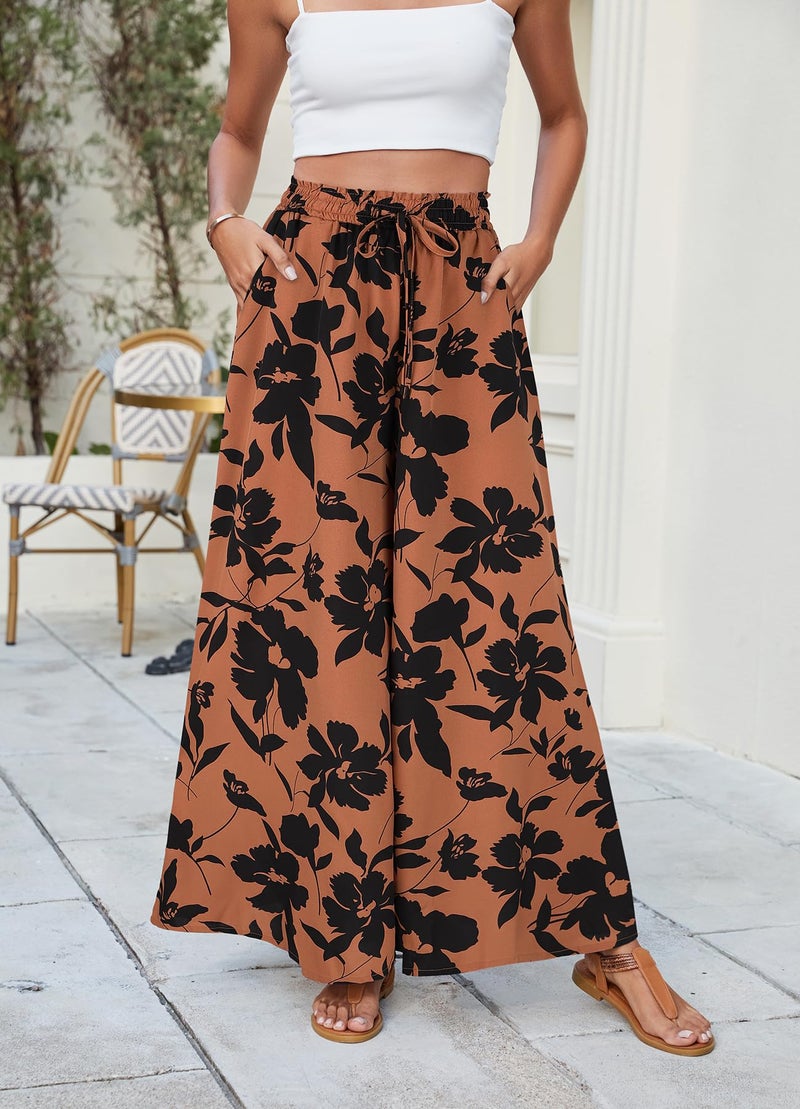 SimpleFun Womens Summer Pants Lightweight Casual Wide Legged Pants Flowy Comfort Palazzo Long Trousers Floral Reddish Brown M - Image 2
