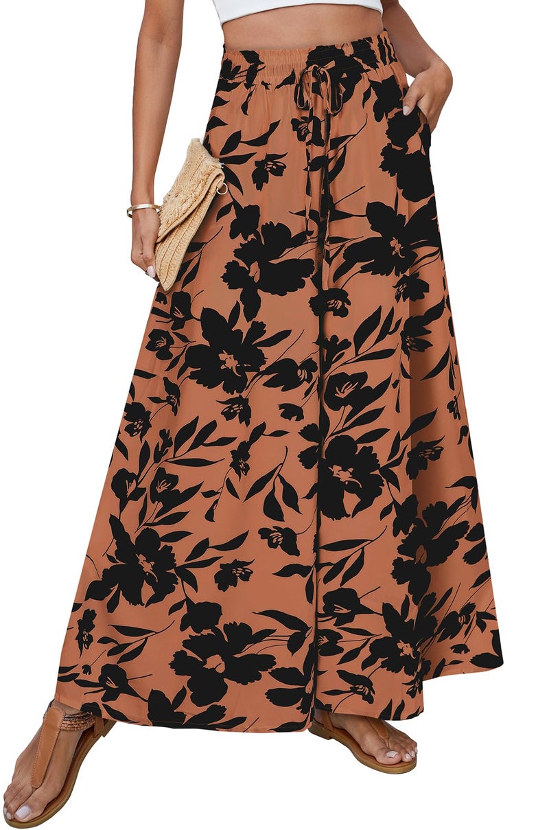 SimpleFun Womens Summer Pants Lightweight Casual Wide Legged Pants Flowy Comfort Palazzo Long Trousers Floral Reddish Brown M - Image 1