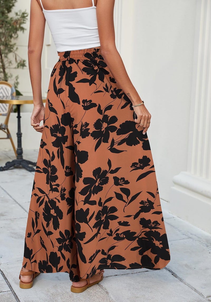SimpleFun Womens Summer Pants Lightweight Casual Wide Legged Pants Flowy Comfort Palazzo Long Trousers Floral Reddish Brown M - Image 4