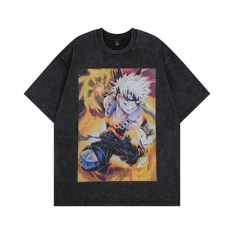 Cartoon Distressed Short-Sleeved T-Shirt For Men And Women American Style Street Retro Trendy Brand Loose Couple Half-Sleeved Tee Shirt - Image 1