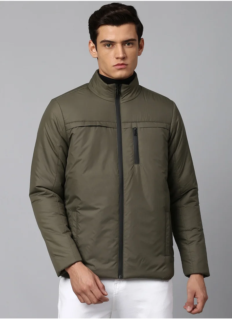 Dennis Lingo Olive Regular Fit Men's Solid Mock Neck Polyester Jacket with Zipper Closure