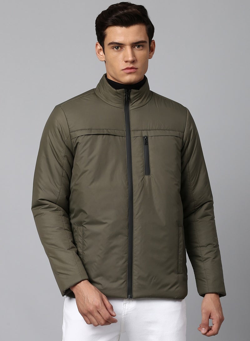 Dennis Lingo Olive Regular Fit Men's Solid Mock Neck Polyester Jacket with Zipper Closure  - Image 1