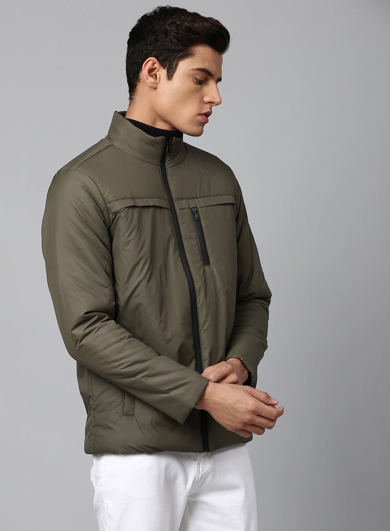 Dennis Lingo Olive Regular Fit Men's Solid Mock Neck Polyester Jacket with Zipper Closure  - Image 5
