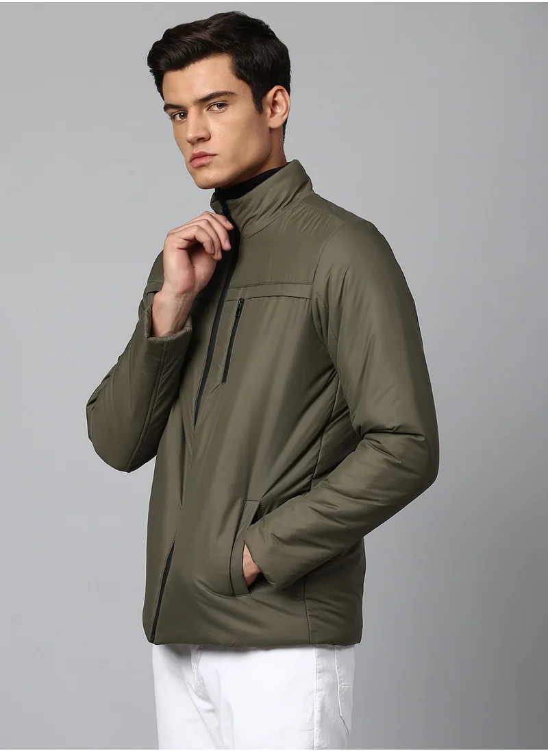Dennis Lingo Olive Regular Fit Men's Solid Mock Neck Polyester Jacket with Zipper Closure