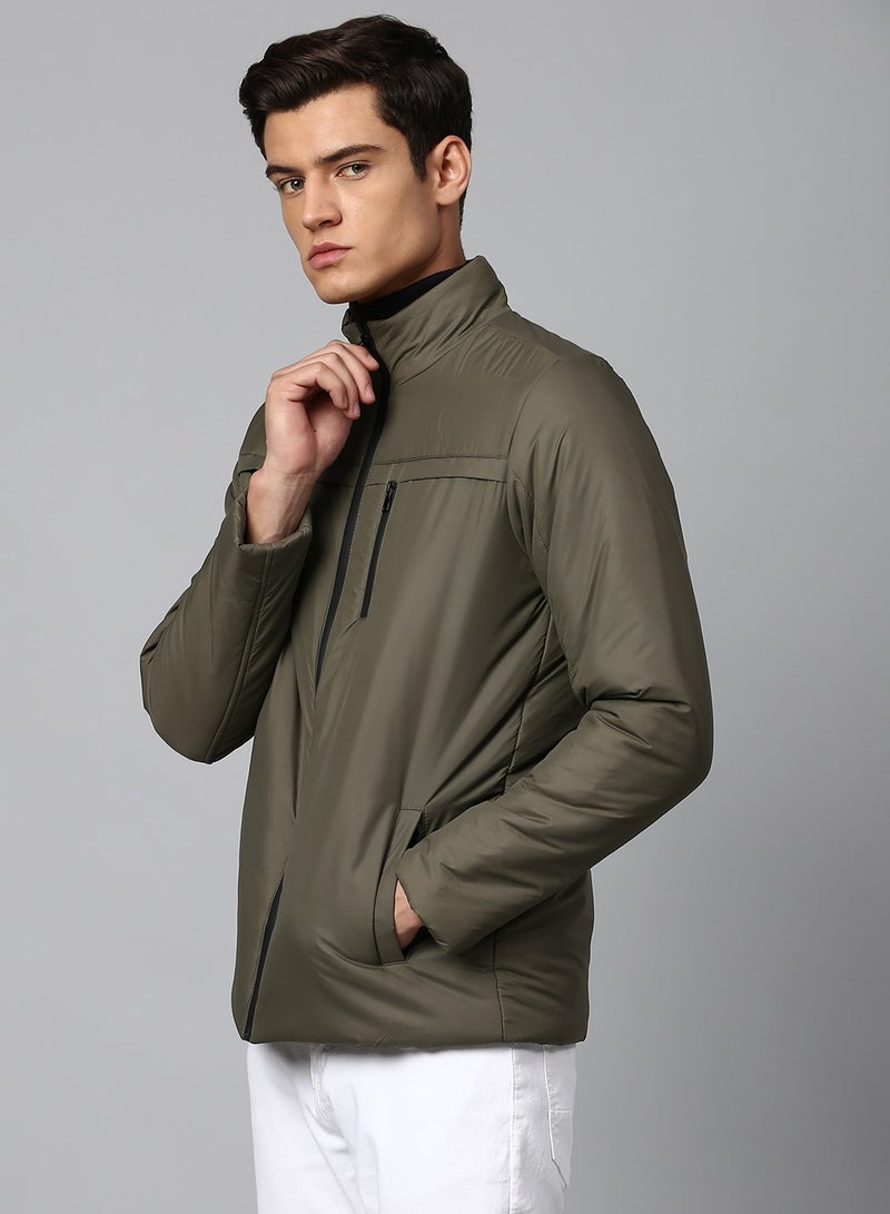 Dennis Lingo Olive Regular Fit Men's Solid Mock Neck Polyester Jacket with Zipper Closure  - Image 2